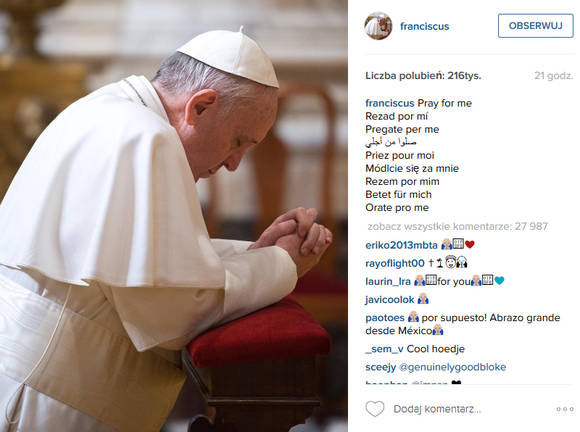 Papież Franciszek zakłada konto na Instagramie