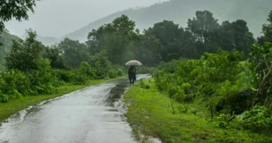 kobieta spacerująca drogą w porze monsunowej