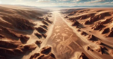render przedstawiający geoglify na pustyni Atacama