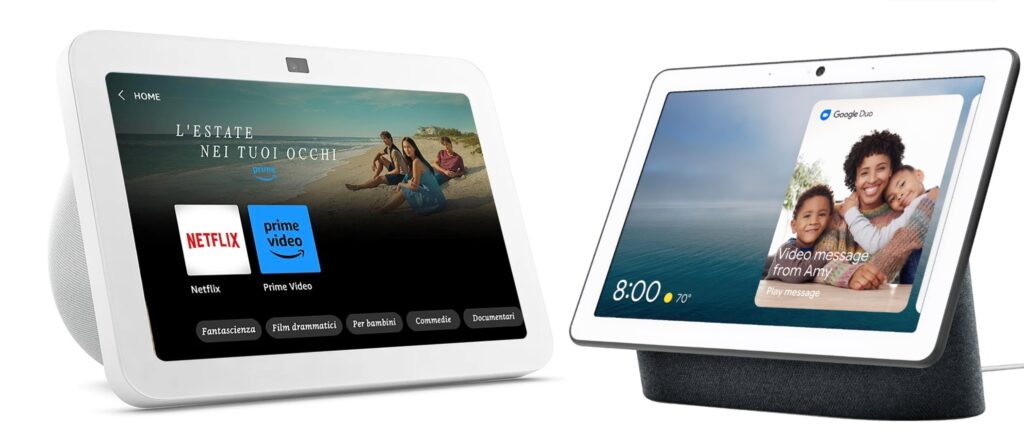 amazon echo show z prawej, google nest hub z lewej. Hub Apple ma wyglądać podobnie do nich