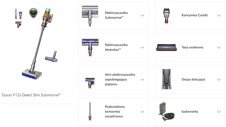 Dyson V12s Detect Slim Submarine, zawartość zestawu