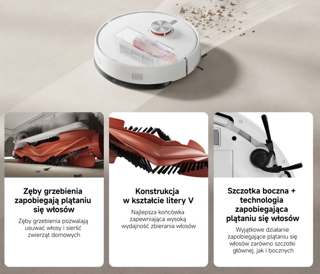 Xiaomi Robot Vacuum S40 został wyposażony w systemy zapobiegające plątaniu się włosów