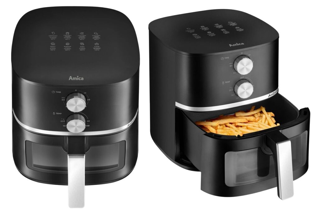 Amica AFM-2020, widok od frontu i z boku z frytkami w koszu na potrawę